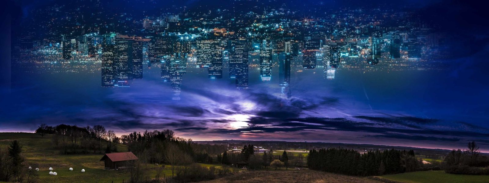 rural landscape with city in the sky