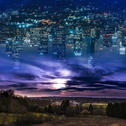 rural landscape with city in the sky