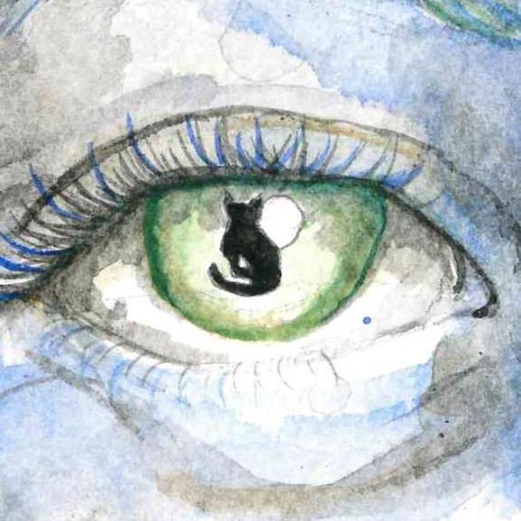 a watercolour painting of a green eye, in blue-green tones. The eye's pupil is the silhouette of a black cat
