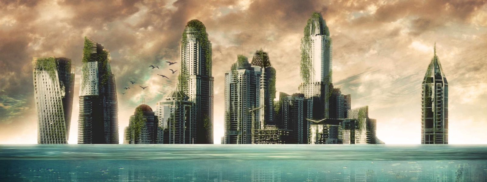 A city, flooded by rising seas, in ruins