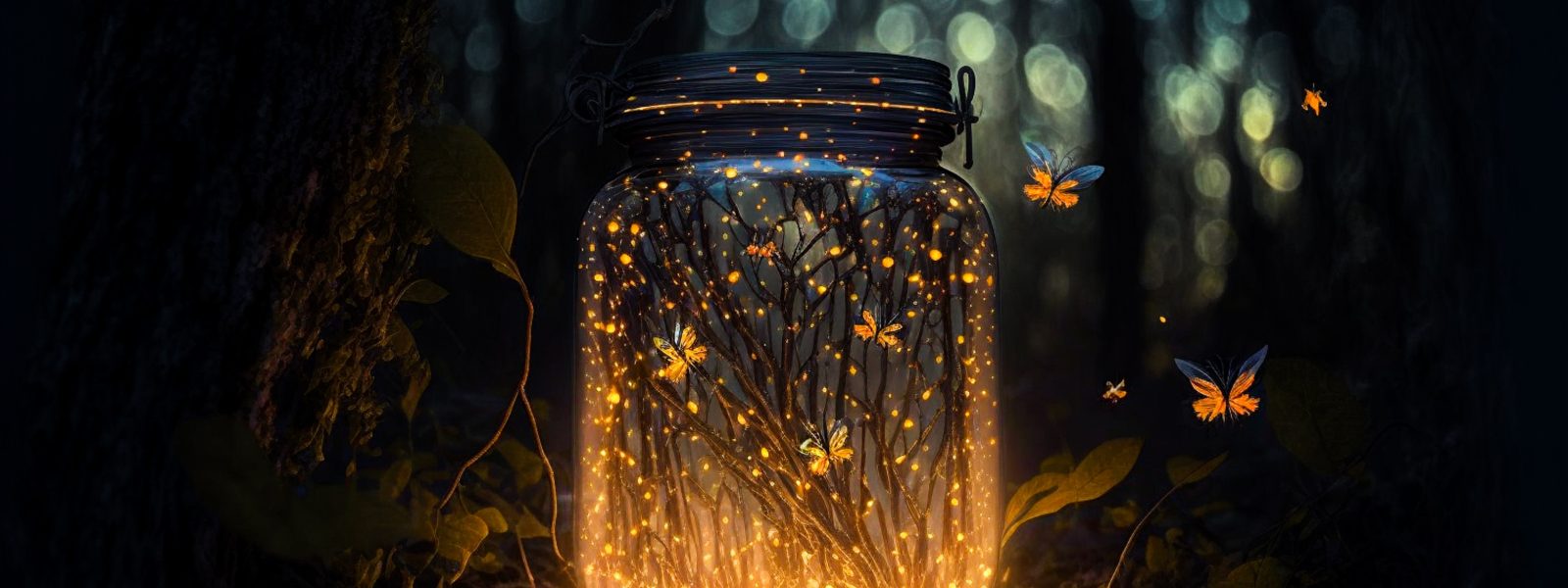 glowing butterflies in a jar in the darkness