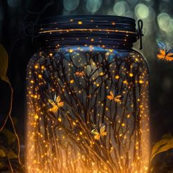 glowing butterflies in a jar in the darkness