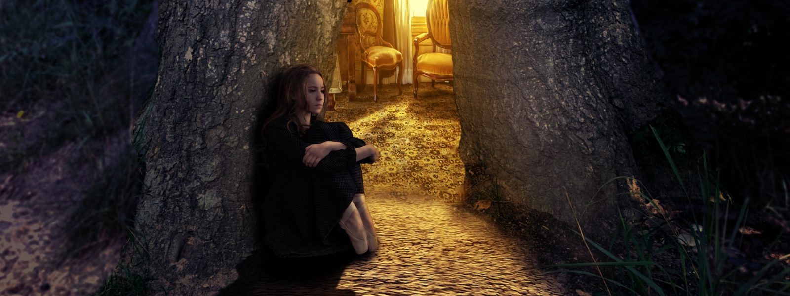 A girl crouched beside a tree, inside of which is a cosy living room