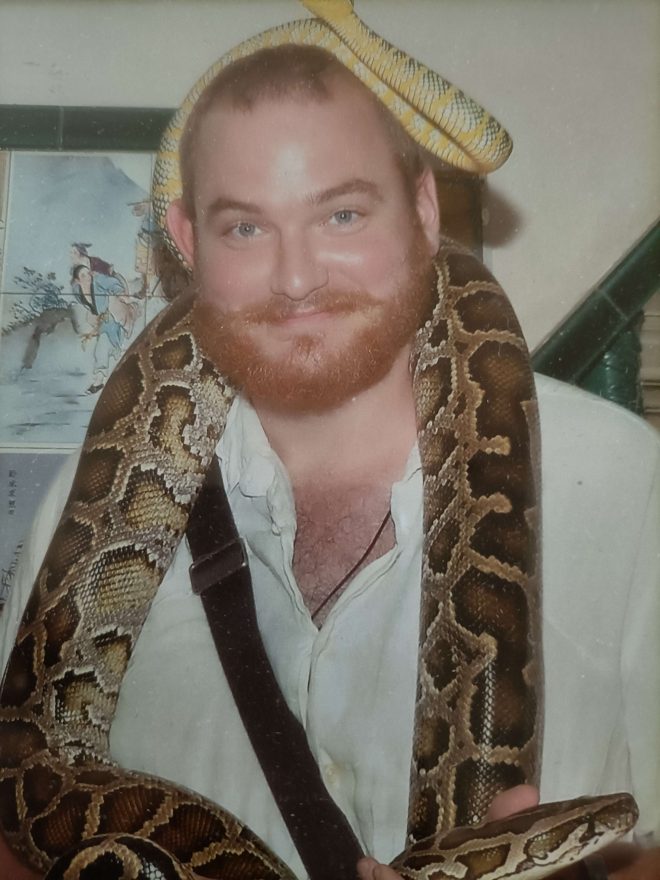 Ed Gamble wearing snakes