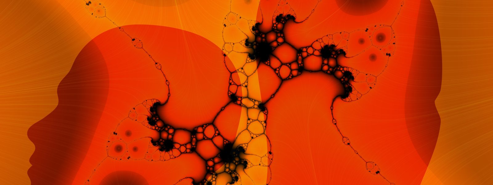 silhouette of two heads in autumn shades, with a foreground fractal
