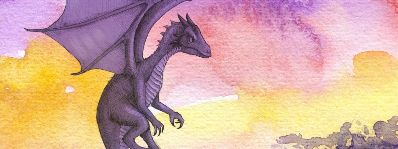 watercolour purple dragon against a sunset sky