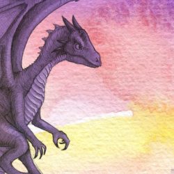 watercolour purple dragon against a sunset sky