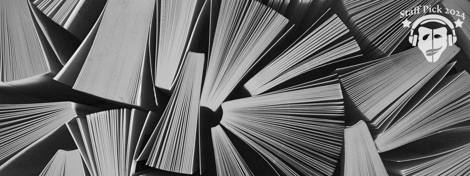 books viewed from vertically above, in black and white