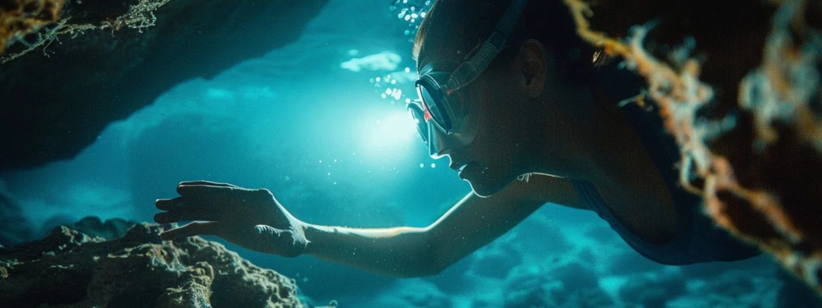 a girl diving underwater, reaching out for an object
