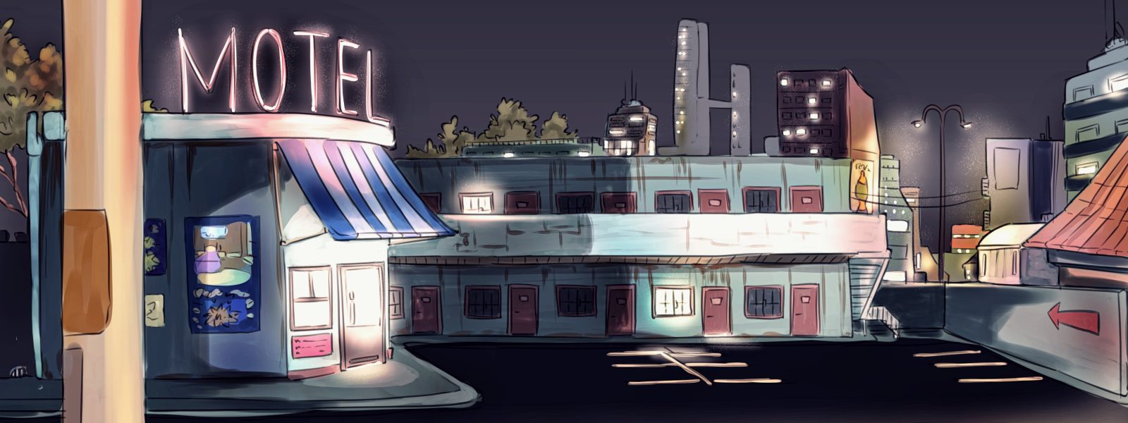 illustration of a motel and parking lot