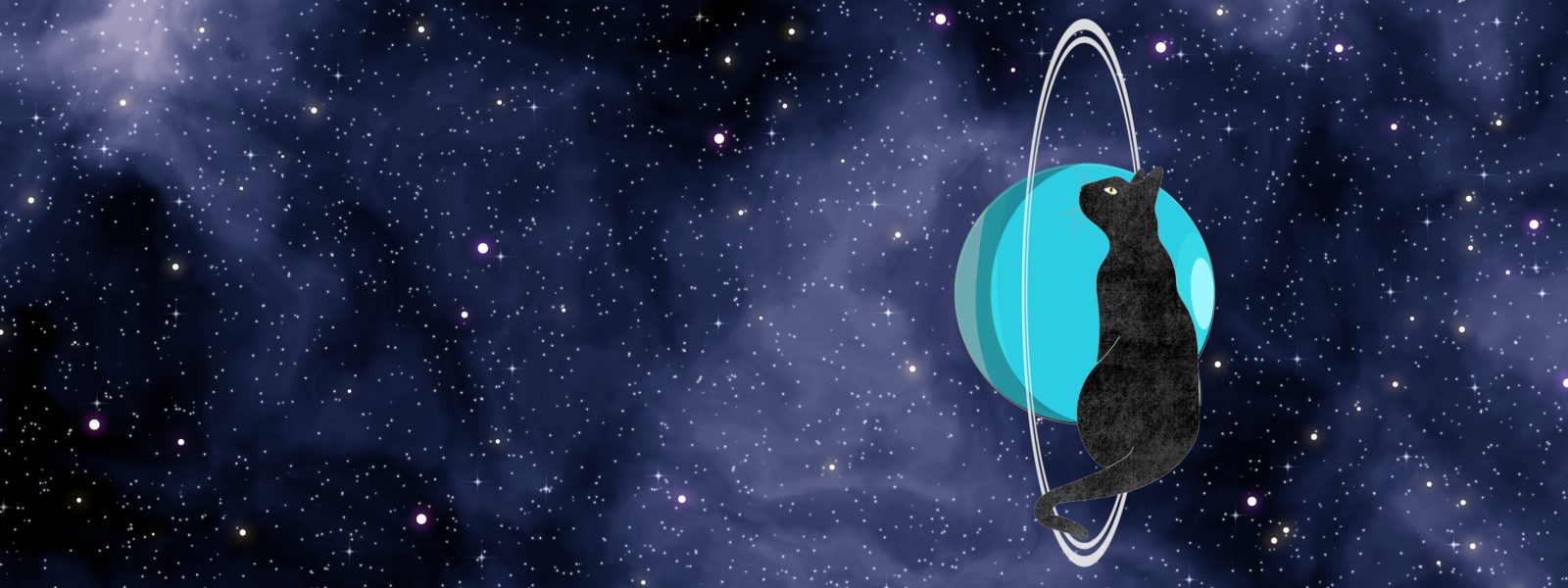 composite of a black cat sat in front of a stylised image of Uranus, with a starfield backdrop
