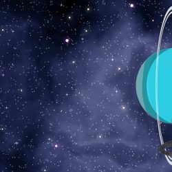 composite of a black cat sat in front of a stylised image of Uranus, with a starfield backdrop