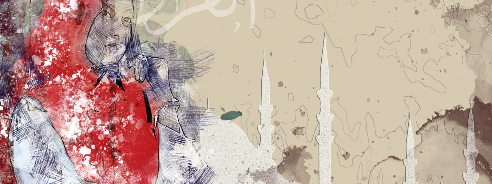 collage of a woman in a red headscarf with minarets in the background