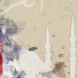 collage of a woman in a red headscarf with minarets in the background