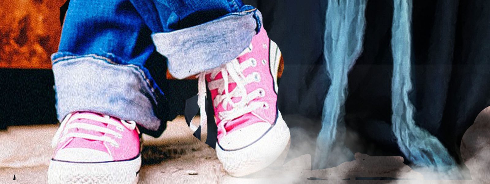 A girl's feet in pink trainers next to the shrouded feet of a grim reaper