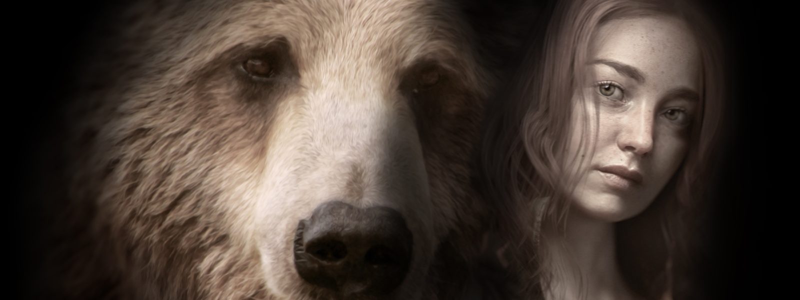 sepia image of a bear and a woman